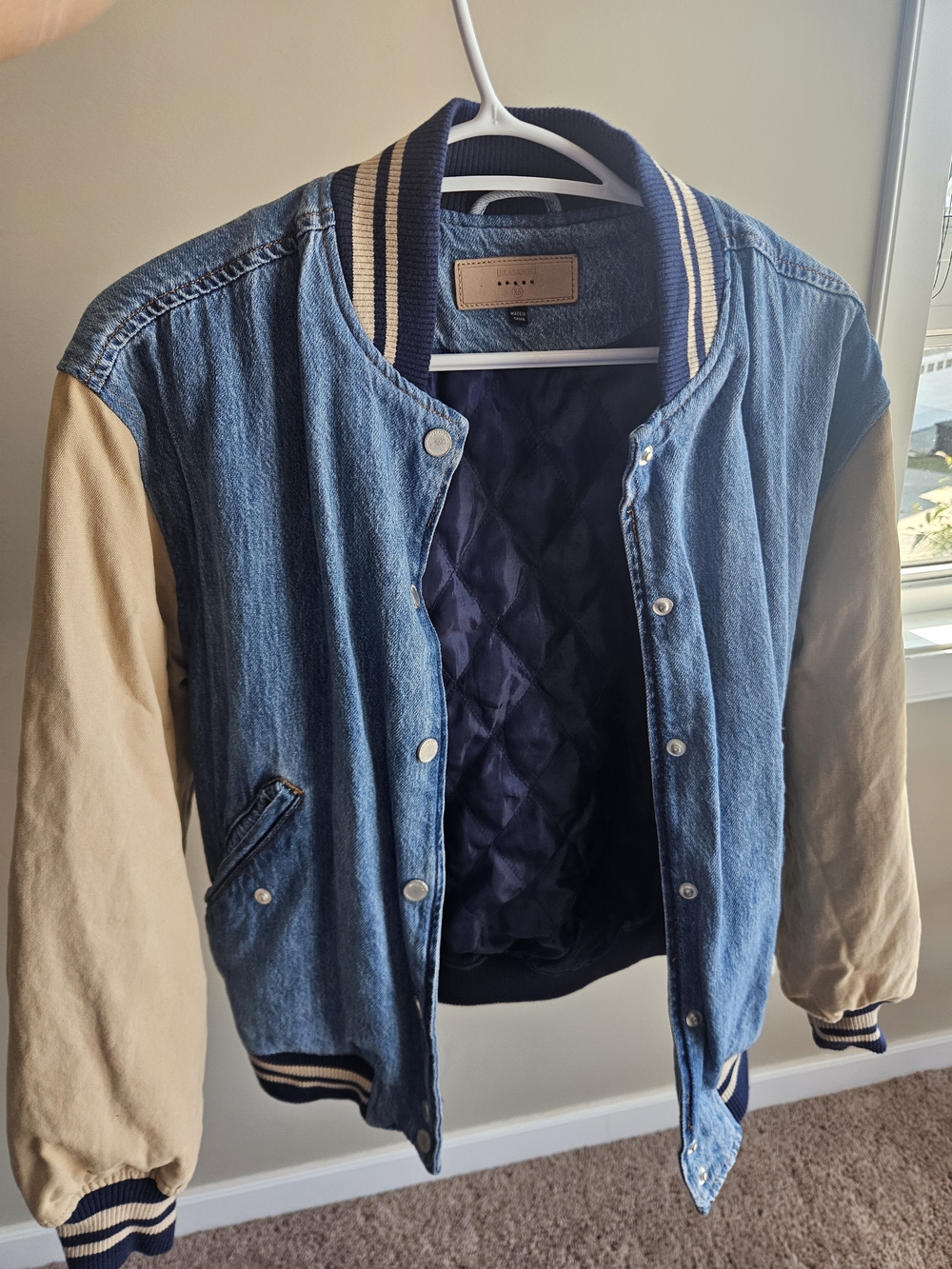 Blank NYC Light Blue Denim Jacket with Tan Leather Label